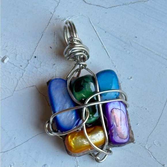 Necklace Pendant, Handmade assemblage Wire Wrapped real Stones Resin Set 4300 G - Picture 10 of 10